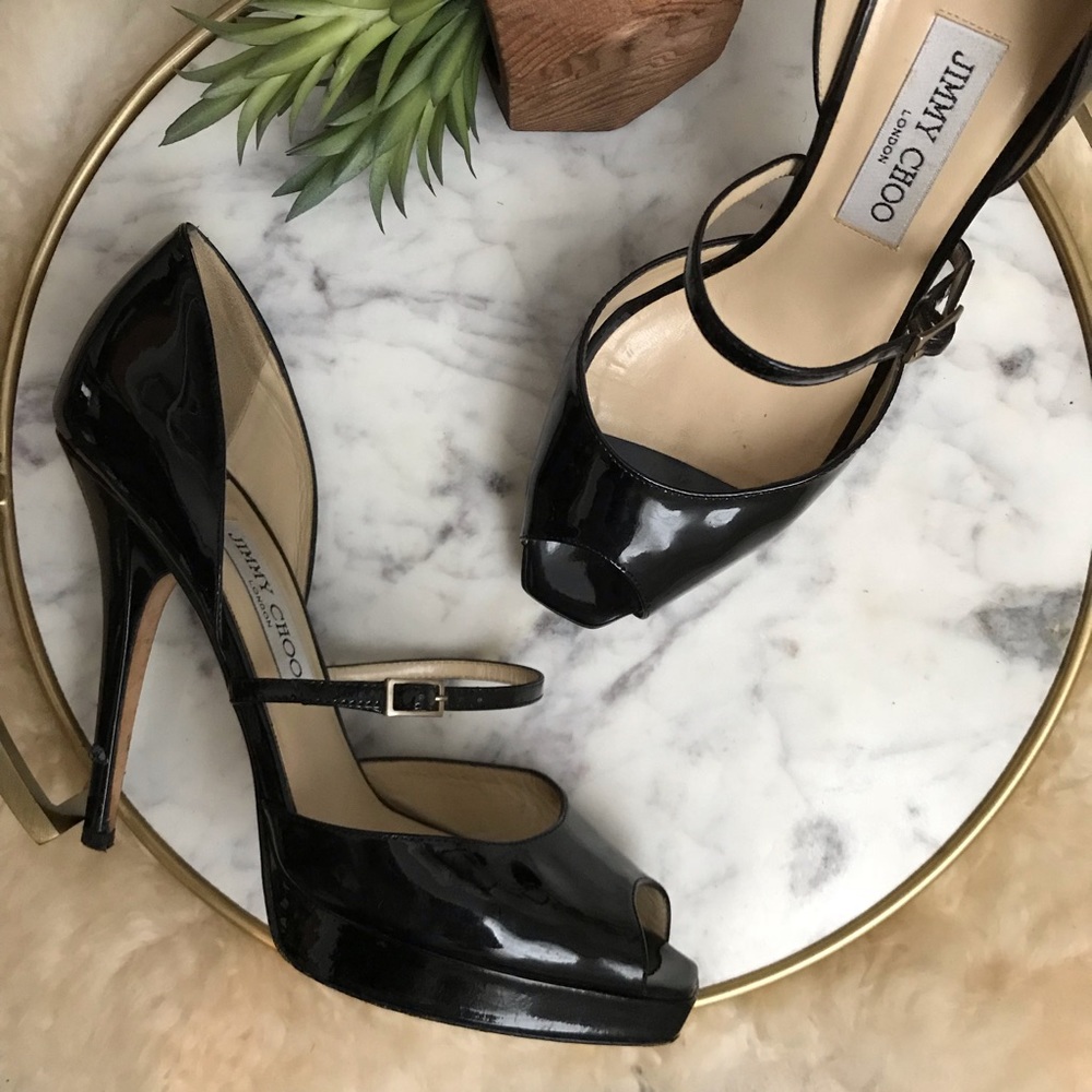 Jimmy Choo • Patent Mary Jane Peep Toe Pumps